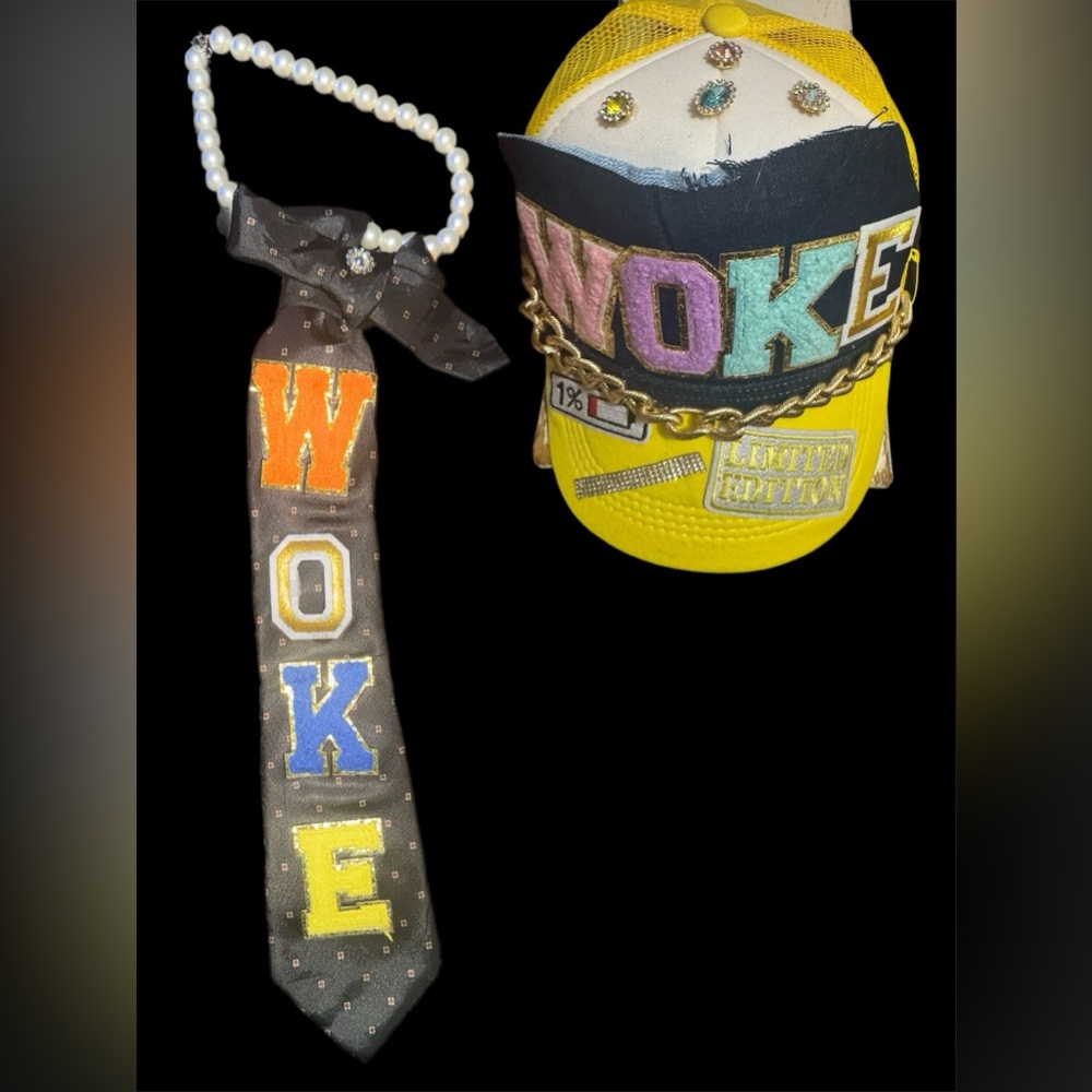 WOKE Embroidered Yellow Cap & Matching Accent Tie Set